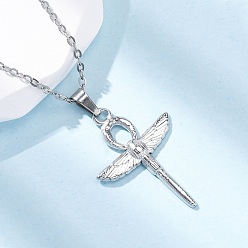 Нержавеющая Сталь Цвет Крест анкх с крыльями 304 ожерелья с подвесками из нержавеющей стали, цвет нержавеющей стали, 17.95 дюйм (45.6 см)