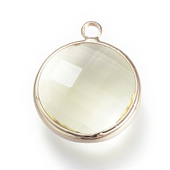 Бежевый Стеклянные подвески, с латунной фурнитурой , граненые, плоско-круглые, бежевые, 9.5x6.5x2.5 мм, отверстие : 2 мм