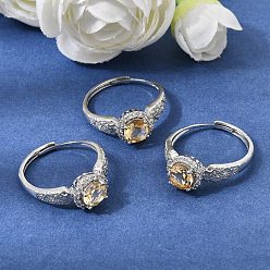 Quartz Jaune Micro cuivres ouvrent zircons bagues, plat rond, avec quartz jaune naturel, platine, plat rond: 9x9 mm, diamètre intérieur: 18 mm