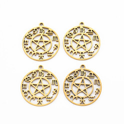 Real 18K Gold Plated 201 Stainless Steel Hollow Pendants, Flat Round with Star & 12 Constellations, Real 18K Gold Plated, 28x25x1.5mm, Hole: 2mm