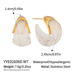 White 304 Stainless Steel Resin Stud Earrings for Women, Half Hoop Earrings, Golden, White, 24.5x14mm