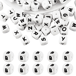Letter B 20шт. белые кубические силиконовые бусины в форме букв, Бусины в виде букв алфавита для изготовления браслетов и ожерелий., фокусные бусы, В письме, 12x12x12x12 мм, отверстие : 2 мм