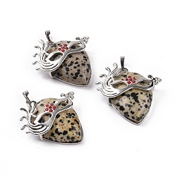 Dalmatian Jasper Natural Dalmatian Jasper Pendants, Teardrop with Mask Charms, with Rack Plating Platinum Plated Brass Ruby Rhinestone Findings, 37~37.5x34.5~36x10~11mm, Hole: 6x4mm