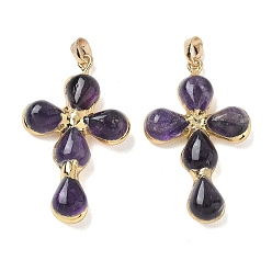 Amethyst Natural Amethyst Pendants, Cross Charms, with Golden Tone Brass Findings, 38~41x22.5~23.5x5.5~6mm, Hole: 5.5x3.5mm