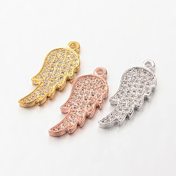 Mixed Color Brass Micro Pave Cubic Zirconia Pendants, Wing, Lead Free & Nickel Free, Mixed Color, 20x8x2mm, Hole: 1mm