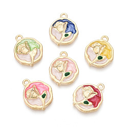 (52) Непрозрачная лаванда Подвески из эмали и сплава, плоские круглые и цветочные подвески, золотой свет, разноцветные, 19.5x16x3 мм, отверстие : 1.8 мм