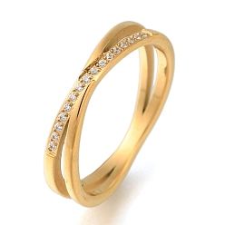 Настоящее золото 18K Ионное покрытие (IP) 304 кольца на палец из нержавеющей стали с микропаве из прозрачного циркония, кольца крест-накрест для женщин, реальный 18 k позолоченный, 4 мм, внутренний диаметр: 17 мм