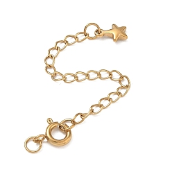 Golden 304 Stainless Steel Curb Chain Extender, End Chains with Spring Ring Clasps & Star Charms, Ion Plating(IP), Long-Lasting Plated, Golden, 70mm