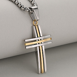 Золотой & Цвет Нержавеющей Стали Двухцветный 304 подвеска в виде религиозного креста из нержавеющей стали для мужчин, золотые и нержавеющая сталь цвет, 23.62 дюйм (60 см)