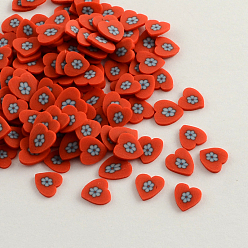 Red Handmade Polymer Clay Cabochons, Polymer Clay Slices for Nail Art, Phone Case Decoration & Resin Crafts, Heart with Flower, Red, 5~7x5~7x1mm
