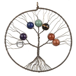 Красная Медь Подвески из натурального кварцевого кристалла, покрытого медью, аметиста, лазурита, зеленого авантюрина, красного авантюрина, красной яшмы и чакры тигрового глаза, плоская круглая с подвесками дерево жизни, Красная медь, 160x154x16 мм, отверстие : 7x5.5 мм