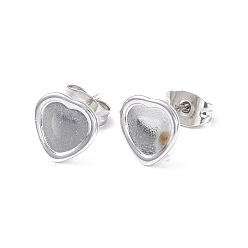 Stainless Steel Color Non-Tarnish 304 Stainless Steel Stud Earring Finding, Earring Settings, Heart, Stainless Steel Color, Tray: 7x7mm, 9x9mm, Pin: 0.8mm