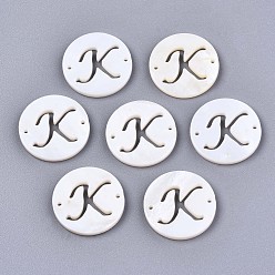 Letter K Natural Freshwater Shell Links Connectors, Flat Round with Letter, Letter.K, 14.5x1.5mm, Hole: 0.9mm