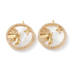 Козерог Настоящие 18 k позолоченные латунные подвески с микропаве и прозрачным кубическим цирконием, с оболочкой, долговечный, плоские круглые с созвездием, Козерог, 21x18x3 мм, отверстие : 1.8 мм
