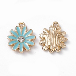 Medium Turquoise Alloy Rhinestone Pendants, Enamel Style, Light Gold, Chrysanthemum Charm, Medium Turquoise, 17x14x2.5mm, Hole: 1.5mm
