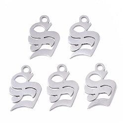 Letter S Устойчивые к потускнению 201 подвески из нержавеющей стали, лазерная резка, старый английский, алфавит, цвет нержавеющей стали, letter.s, 18.5x12x1 мм, отверстие : 2 мм