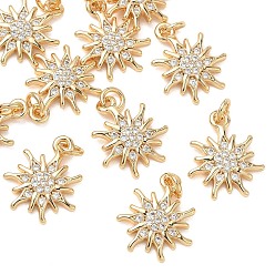 Real 18K Gold Plated SHEGRACE Brass Clear Cubic Zirconia Pendants, Sun Charms, Cadmium Free & Lead Free & Nickel Free, Real 18K Gold Plated, 14x12x2mm, Hole: 2.5mm