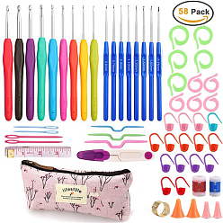 Mixed Color DIY Crochet Tool Sets, including Aluminum Crochet Hooks Needles, Plastic Locking Stitch Marker, Tape Measure, Needle, Storage Bag, Mixed Color, 58pcs/set