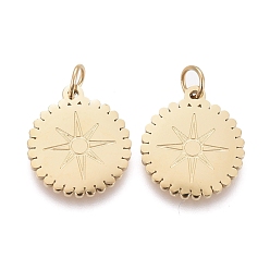 Золотой Ионное покрытие (ip) 304 подвески из нержавеющей стали, с целью перехода в кольце, лазерная резка, плоские круглые со звездой, золотые, 11.5x10x0.8 мм, Перейти кольцо: 3.5x0.5 мм, 2.5 мм внутренним диаметром