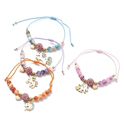 (52) Непрозрачная лаванда Браслет с подвеской в виде единорога из сплава эмали, плетеный регулируемый браслет из натурального окрашенного белого нефрита, разноцветные, внутренний диаметр: 7/8~3-7/8 дюйм (2.3~9.8 см)