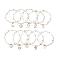 Белый 10шт 10 стили стеклянные бусины стрейч браслет наборы, штабелируемые браслеты с подвесками из сплава эмали, белые, внутренний диаметр: 2-1/8 дюйм (5.5 см), 1 шт / стиль