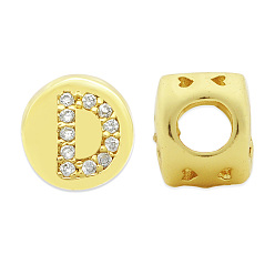 Letter D Brass Micro Pave Clear Cubic Zirconia Beads, Flat Round with Letter, Letter.D, 7.5x6.5mm, Hole: 3.5mm, 3pcs/bag