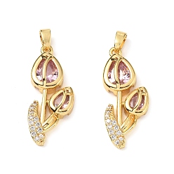 Pink Латунные микро проложить кубического циркония подвески, без кадмия и без свинца, тюльпан, реальный 18 k позолоченный, розовые, 27x11x5 мм, отверстие : 5x3 мм