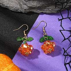 Оранжевый Тема Хэллоуина тыква ручной работы стеклянные бисерные подвесные серьги, с 304 нержавеющей стали серьги крючки, реальный 18 k позолоченный, оранжевые, 44x18 мм