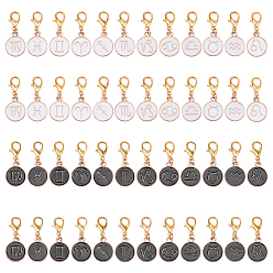 Couleur Mélangete 48 pcs 2 décorations de pendentif en alliage d'émail de couleurs, avec alliage de zinc homard fermoirs pince, plat rond avec constellation, couleur mixte, 28.5mm, 24 pcs / couleur