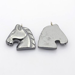 Non-magnetic Hematite Non-Magnetic Synthetic Hematite Horse Head Pendants, 25x24x6mm, Hole: 2mm
