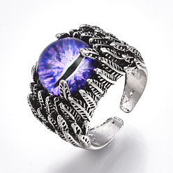 Violet Bleu Bagues en alliage de verre, anneaux large bande, oeil de dragon, argent antique, bleu violet, taille 10, 20mm