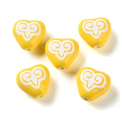 Желтый Печатные ручной фарфоровые бусы, сердце с символами, желтые, 16~16.5x16.5~17.5x9~9.5 мм, отверстие : 1.8~2 мм