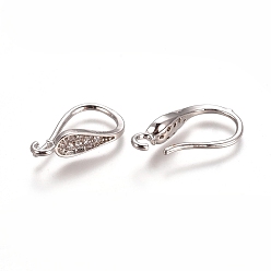 Platinum Brass Micro Pave Clear Cubic Zirconia Earring Hooks, with Horizontal Loop, Platinum, 16.5x8.5x3.8mm, Hole: 1.8mm, 21 Gauge, Pin: 0.7mm