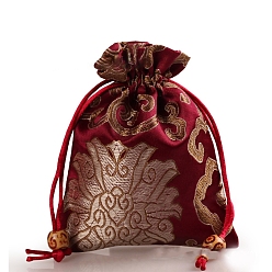 Dark Red Rectangle Cloth Flower Printed Drawstring Gift Bags, Storage Bags, Dark Red, 14x11cm
