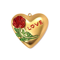 Красный 304 нержавеющей стальной эмали подвески, Сердце с розой и подвеской со словом «любовь»., реальный 18 k позолоченный, ионное покрытие (ip), долговечный, красные, 29x28 мм, отверстие: 1.80 мм