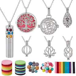 (52) Непрозрачная лаванда Наборы для изготовления ожерелий своими руками, включая натуральные шарики из лавового камня и парфюмерные подушечки, 304 из нержавеющей стали кабель цепи ожерелья, подвески латуни медальон, разноцветные, 10~15 мм