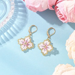 Pink Серьги-гвоздики с цветочным креплением из стеклянных бусин ручной работы, золотые, розовые, 43x24~25 мм