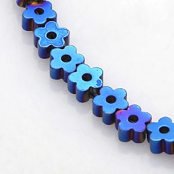 Blue Plated Electroplate Non-magnetic Synthetic Hematite Beads Strands, Flower/Plum Blossom, Blue Plated, 4x4x2mm, Hole: 1mm, about 117pcs/strand, 15.7 inch