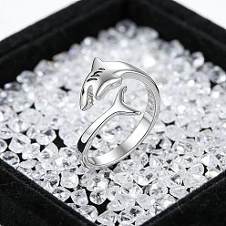 Platinum Brass Cuff Open Rings, Shark, Platinum, 15~20mm