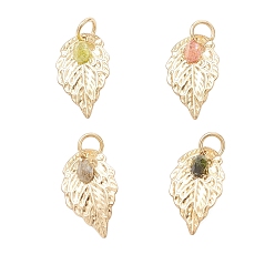 Золотой 304 подвески из нержавеющей стали с гранеными натуральными турмалинами, подвески в виде текстурированных листьев с соединительными кольцами, золотые, 17.5x10.5x4 мм, отверстие : 3.5 мм