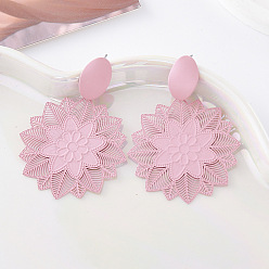 Pink Сплав мотаться серьги стержня, овальные с цветком, розовые, 62x44 мм