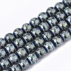 Cadet Blue Electroplate Glass Beads Strands, Round with Flower Pattern, Cadet Blue, 8x7.5mm, Hole: 1.2mm, about 40pcs/strand, 11.8 inch