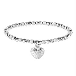Нержавеющая Сталь Цвет 304 Браслеты из нержавеющей стали, Сердце шарм браслеты, круглые бусины эластичные браслеты для женщин, цвет нержавеющей стали, 6.81 дюйм (17.3 см)