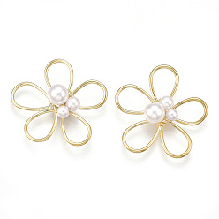 Real 18K Gold Plated Brass Wire Beads, with ABS Plastic Imitation Pearl, Cadmium Free & Nickel Free & Lead Free, Flower, Creamy White, Real 18K Gold Plated, 25.5x27.5x7.5mm