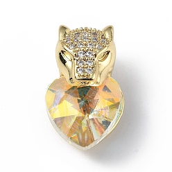 Sandy Brown Real 18K Gold Plated Rack Plating Brass Micro Pave Clear Cubic Zirconia Pendants, with Glass, Long-Lasting Plated, Cadmium Free & Lead Free, Leopard with Heart Charm, Sandy Brown, 20x12x10.5mm, Hole: 5x4mm