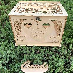 Papaya Látigo Caja rectangular para tarjetas de boda de madera hueca con cerradura de hierro, Estuche para tarjetas de boda para recepción., Hucha de boda para decoración de fiestas., PapayaWhip, 22x31x23.5 cm