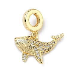 Whale Латунные подвески с микропаве из прозрачных кубических цирконий в виде морских животных в европейском стиле, Подвески с большими отверстиями, реальный 18 k позолоченный, без кадмия и без свинца, долговечный, стойки покрытие, кит, 23 мм, отверстие : 5 мм, Кулон : 14x20x3.5 мм