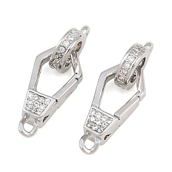 Real Platinum Plated Brass Micro Pave Clear Cubic Zirconia Fold Over Clasps, Real Platinum Plated, 23x8x7.5mm, Hole: 1.4mm
