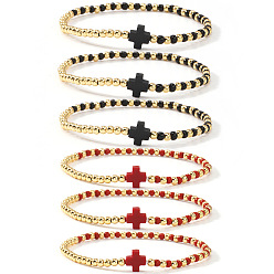 (52) Непрозрачная лаванда 6шт. латунные круглые бусины, эластичные браслеты, Браслеты с подвесками в виде стеклянных крестиков для женщин, разноцветные, 6.89 дюйм (17.5 см)