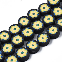Champagne Yellow Handmade Polymer Clay Beads Strands, Flat Round with Flower, Champagne Yellow, 10x5mm, Hole: 1.6mm, about 40~41pcs/strand, 14.76 inch~15.16 inch(37.5cm~38.5)